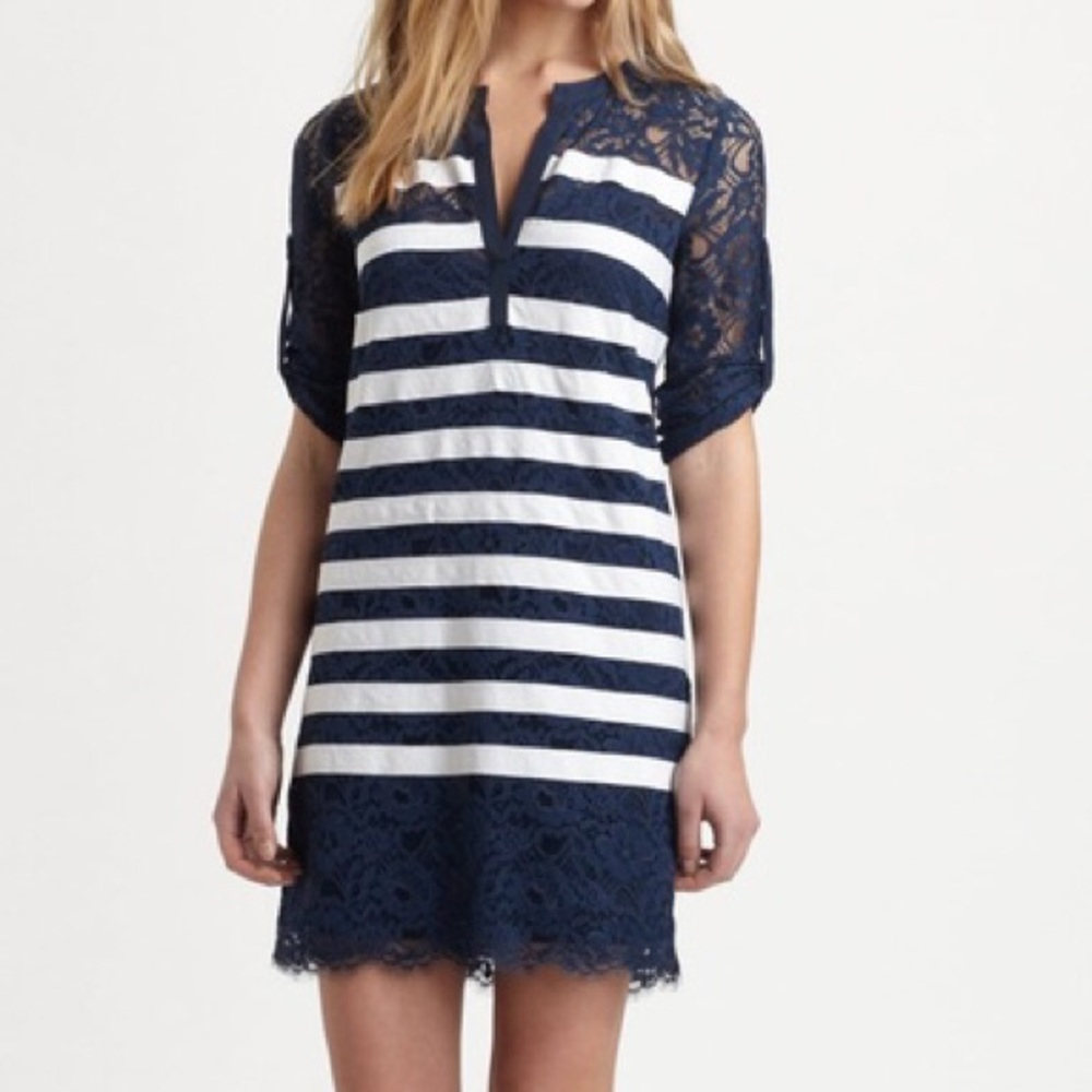 NEW BCBG Max Azria Navy White Lace Stripe Lizzie O